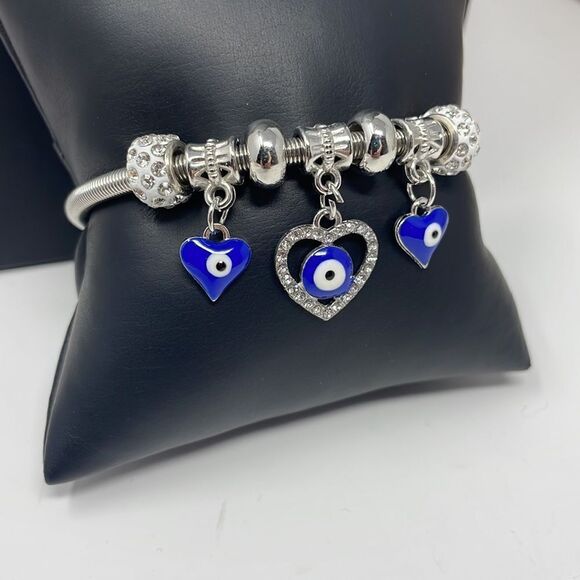 Evil Eye Heart Charm Stretchy Bangle Bracelet - Picture 3 of 6